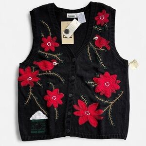 Vintage NWT Capacity Black Knit Sweater Vest Red Birds Flowers Christmas